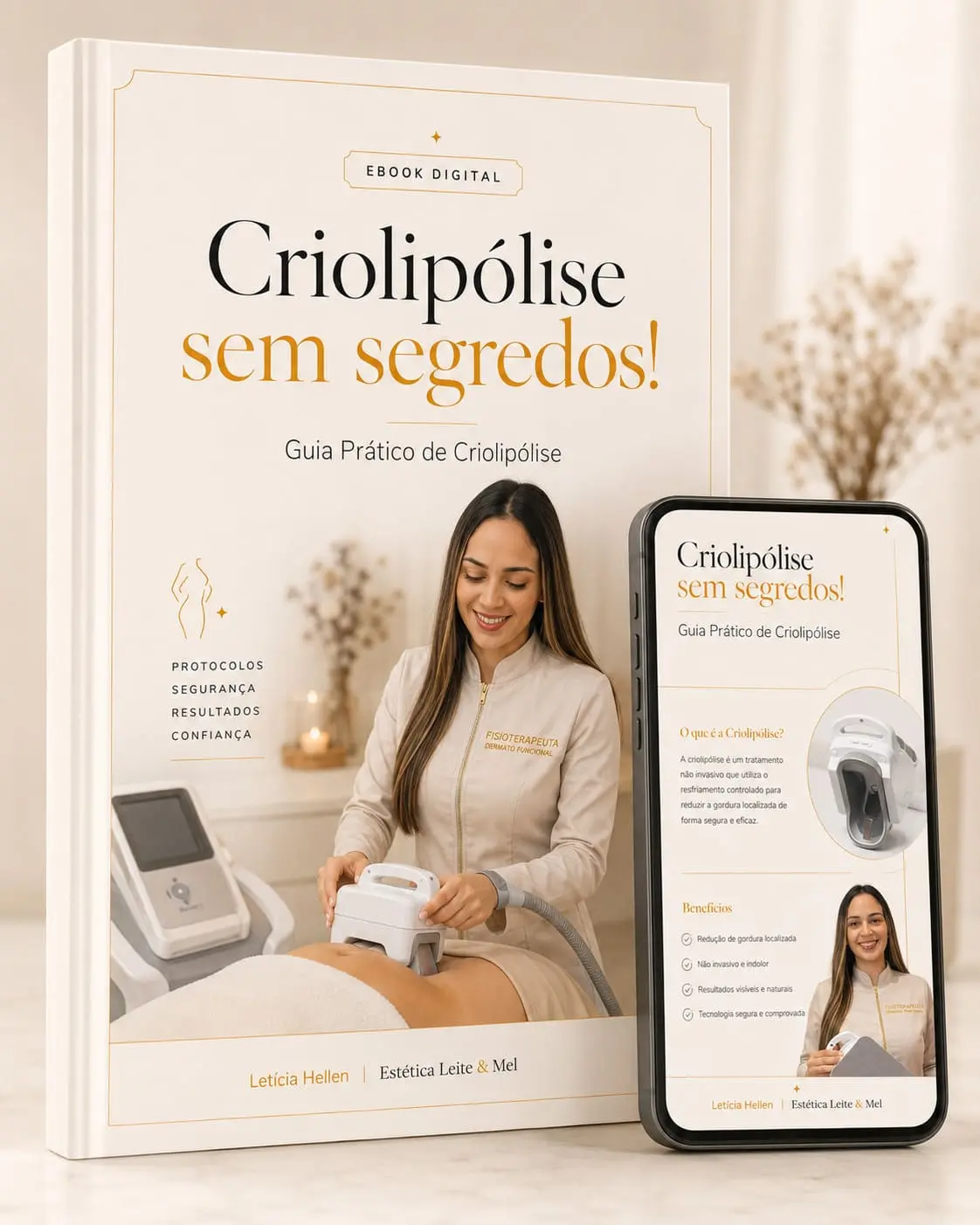Mockup do Ebook Criolipólise sem segredos! Guia Prático de Criolipólise, por Letícia Hellen